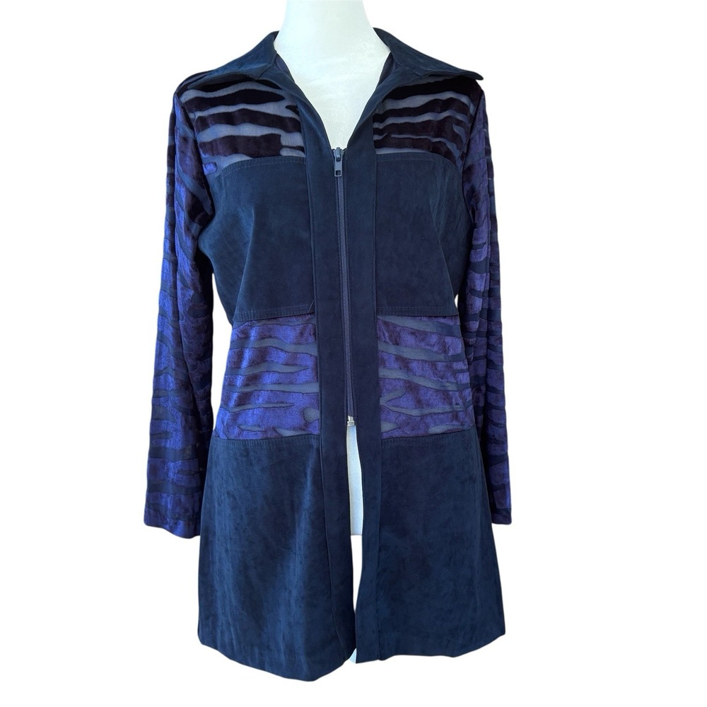 Vintage Velvet Burnout Top Womens L Midnight‎ Blue Purple Zip Up Animal Print